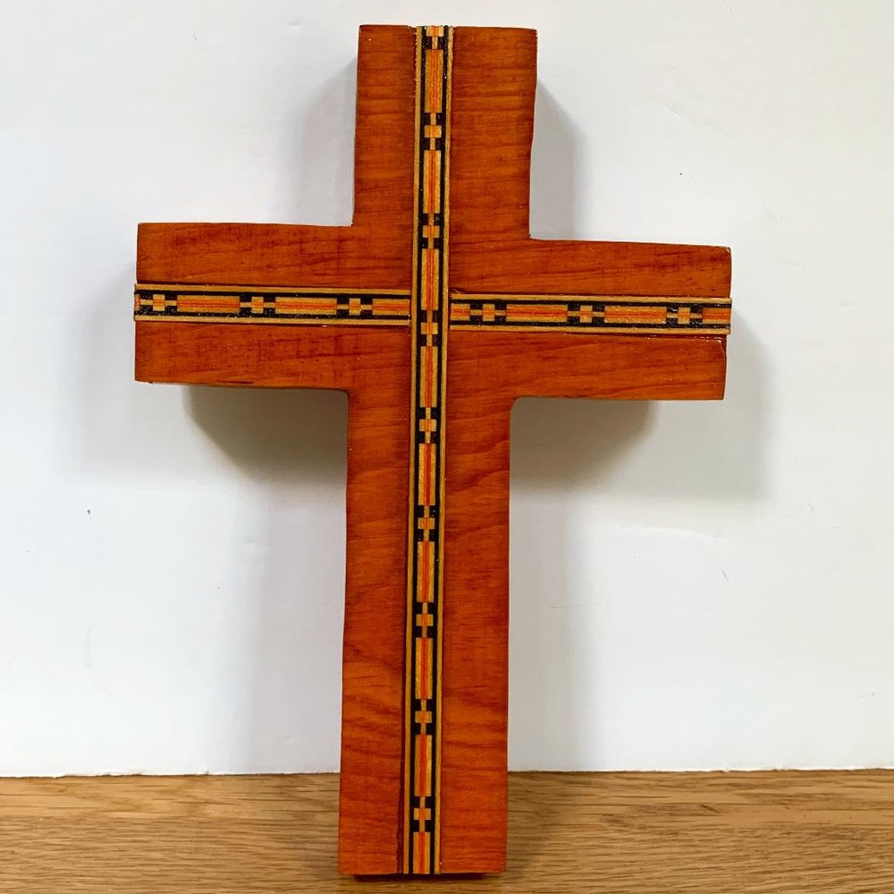 Handcrafted Wood Cross Inlaid Marquetry Bohemian Decor Christian Religious Boho